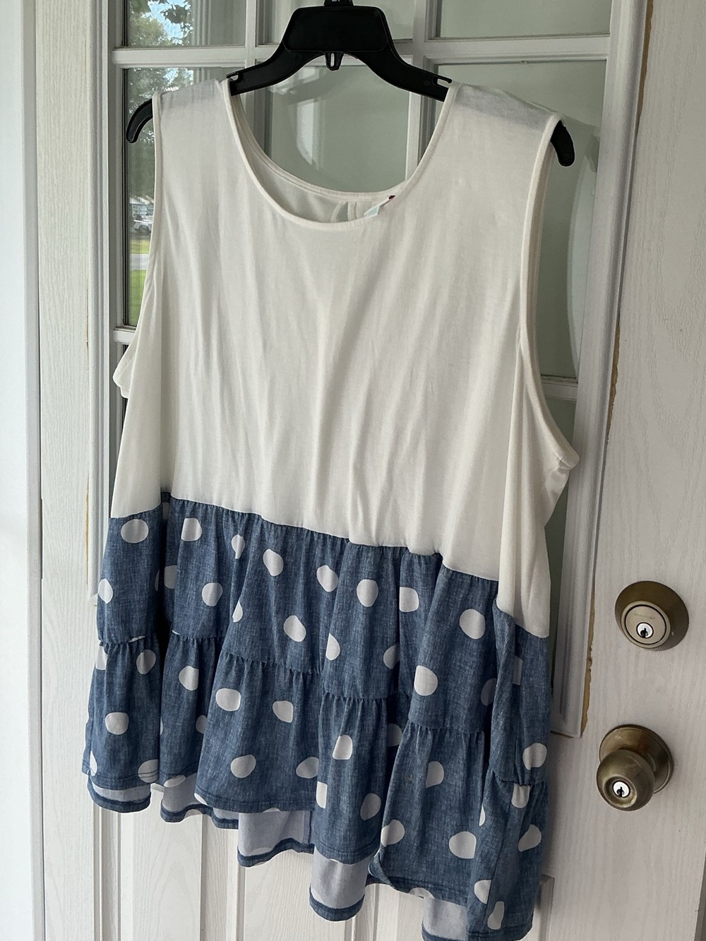LuLaRoe White & Blue Polka Dot Tiered Tank